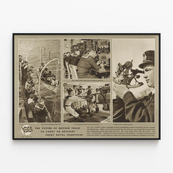 Vintage poster: Young Cadets of the British Navy in Training — framed artwork on a wall