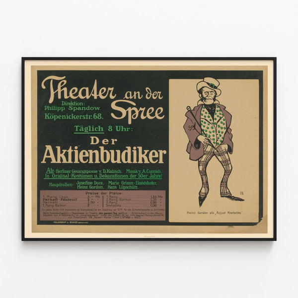 Vintage German Theater Poster Der Aktienbudiker — framed artwork on a wall