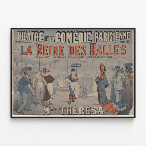 Vintage Poster of the Théâtre de la Comédie Parisienne - The Queen of the Halls — framed artwork on a wall