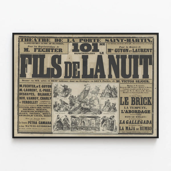 Vintage Poster of the Porte Saint-Martin Theater - Sons of the Night — framed artwork on a wall