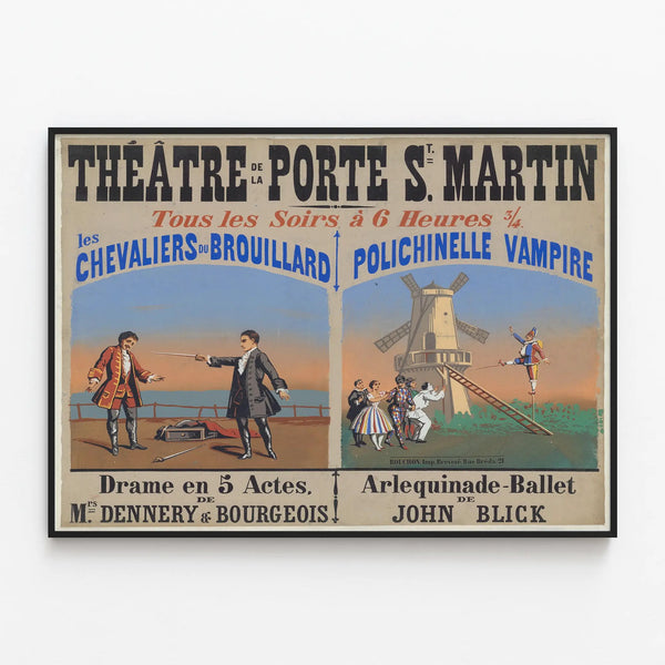 Theatre Poster of the Porte Saint-Martin - The Knights of the Fog & Vampire Polichinelle — framed artwork on a wall