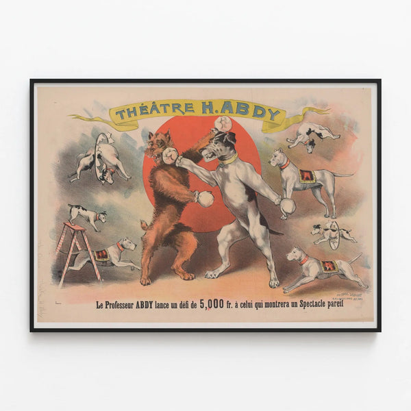 Vintage theater poster Théâtre H. Abdy – Dog fight in boxing gloves — framed artwork on a wall