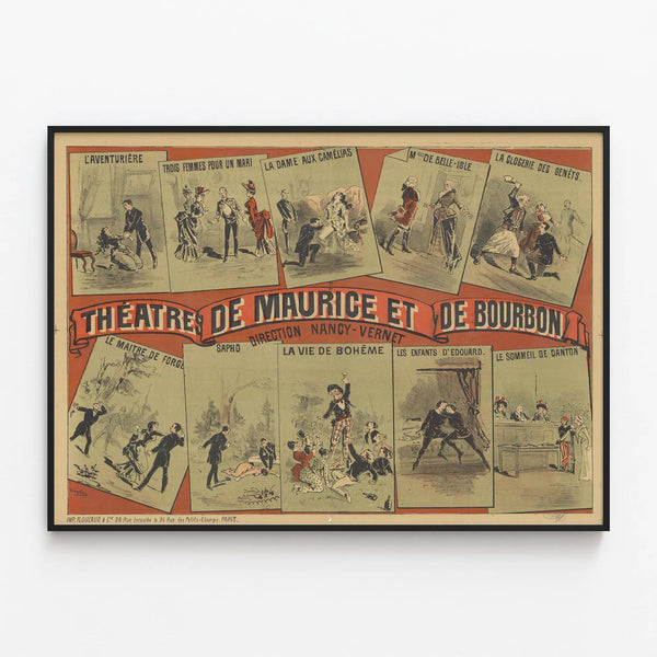 Vintage poster of the Maurice and Bourbon Theatres - Antique theater wall decoration — framed artwork on a wall