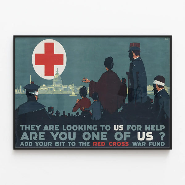 Vintage Red Cross Poster for War Fund — framed artwork on a wall