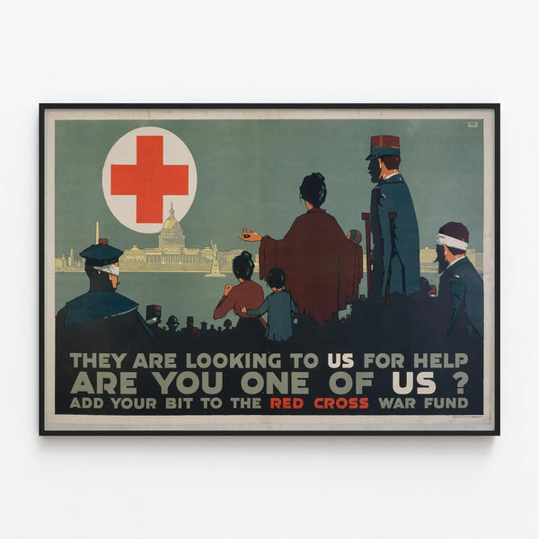Vintage Red Cross Poster – Call for Humanitarian Aid — framed artwork on a wall