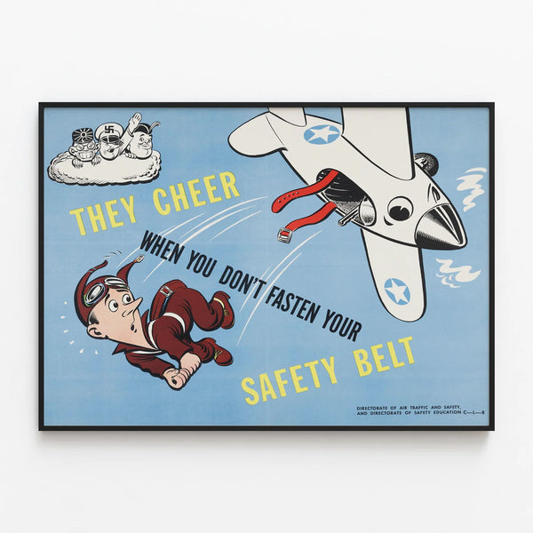 Vintage aviation safety poster - Fasten your seatbelt — framed artwork on a wall