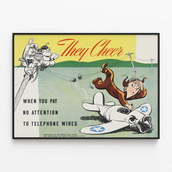 Vintage Poster They Cheer - Air Safety and Telephone Line Sons — framed artwork on a wall