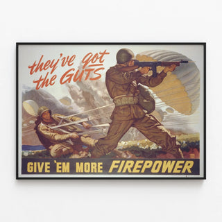 Vintage Military Poster « Give 'Em More Firepower » — framed artwork on a wall