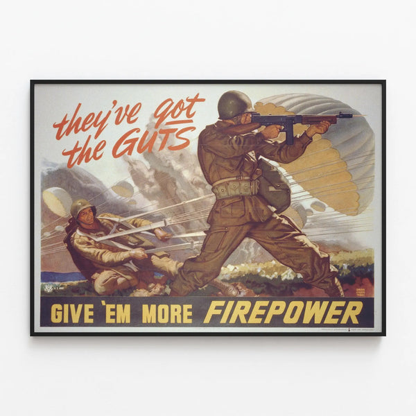 Vintage Military Poster « Give 'Em More Firepower » — framed artwork on a wall