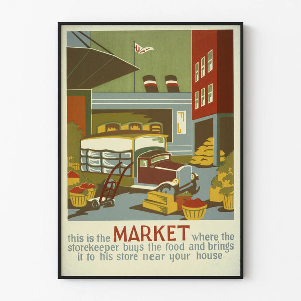 Vintage poster of a market and delivery truck for wall decoration