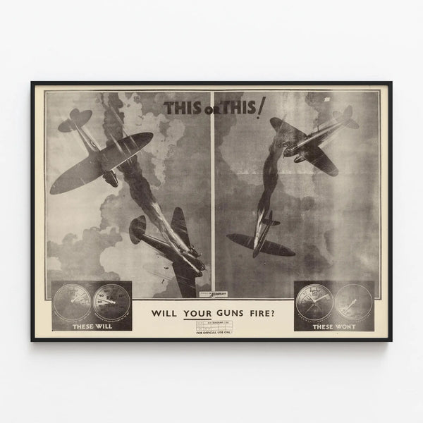 Vintage Military Aviation Poster in Black and White — framed artwork on a wall