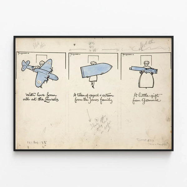 Vintage humorous poster of women carrying an airplane, a shell, and a machine gun — framed artwork on a wall