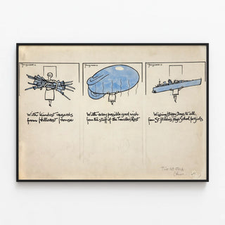 Vintage poster of a trio of female figures with rifles, a balloon, and a warship — framed artwork on a wall