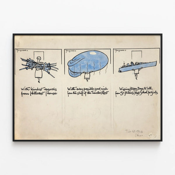 Vintage poster of a trio of female figures with rifles, a balloon, and a warship — framed artwork on a wall