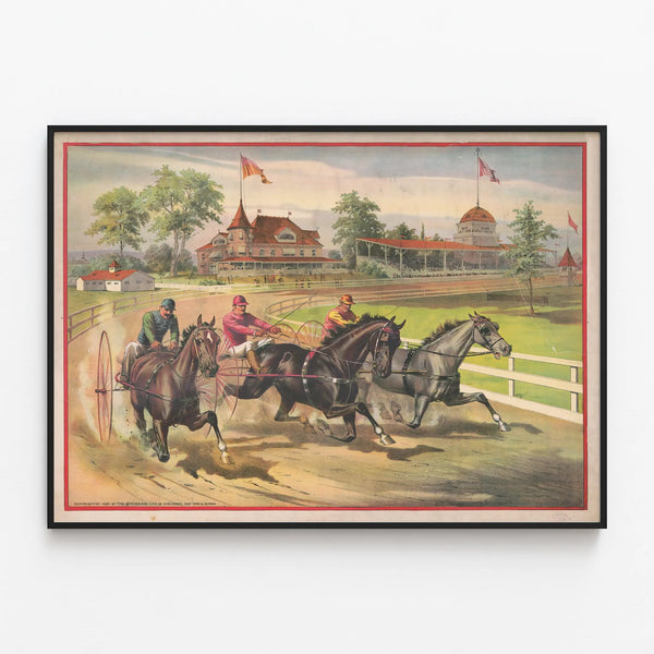 Vintage poster of harness trotting horse race — framed artwork on a wall