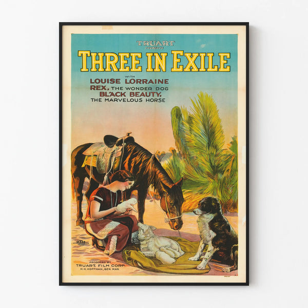 Vintage poster Three In Exile with animals and woman