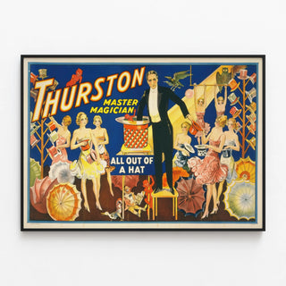 Vintage Poster of Magician Thurston with Hats and Dancers — framed artwork on a wall