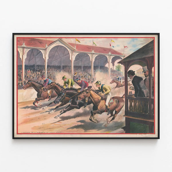 Vintage poster of a close finish horse race — framed artwork on a wall