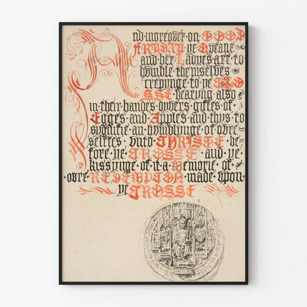 Gothic Calligraphy Poster in Red and Black with Medieval Seal
