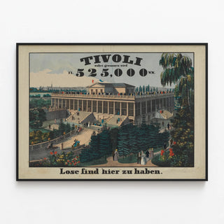 Vintage Tivoli Poster and Its Lively Gardens — framed artwork on a wall
