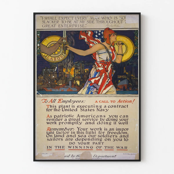 Patriotic mobilization poster for employees - Vintage wall decoration