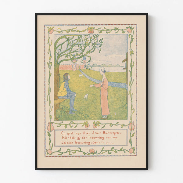 Medieval decorative poster with romantic scene and floral frame