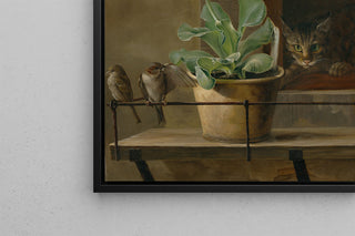Still life with a primrose in a flowerpot, a cat, and two sparrows - Martinus Rørbye