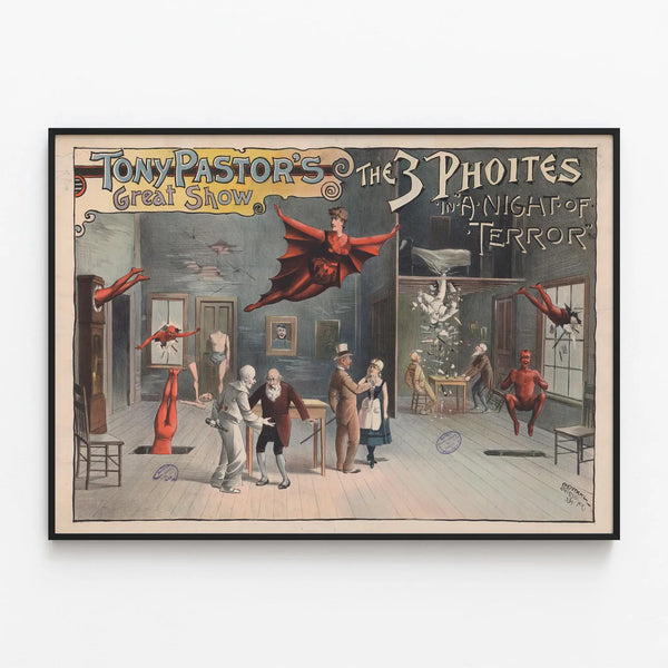 Vintage poster Tony Pastor's Great Show - The 3 Phoites in a Night of Terror — framed artwork on a wall