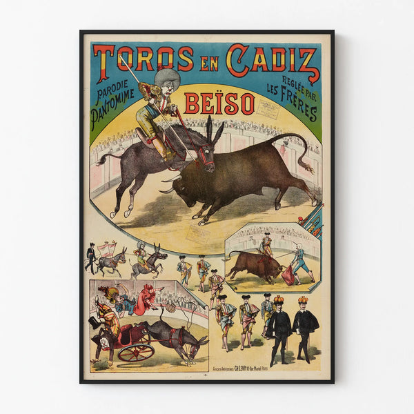 Vintage poster of Toros in Cádiz parody pantomime Beïso
