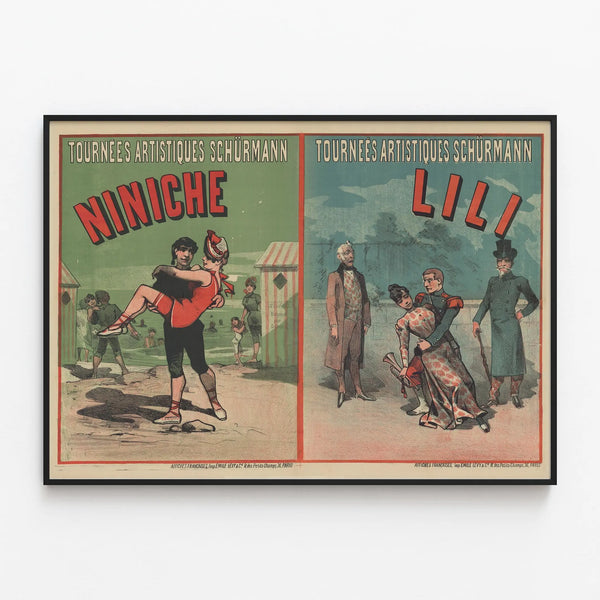 Vintage Poster of Schürmann Niniche and Lili Artistic Tours — framed artwork on a wall