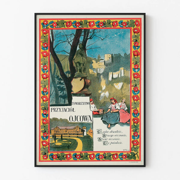 Vintage folk decorative poster with characters and historical landscape