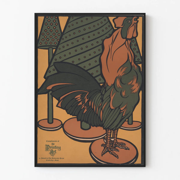 Decorative poster featuring a rooster and pine trees illustrated in vintage graphic style