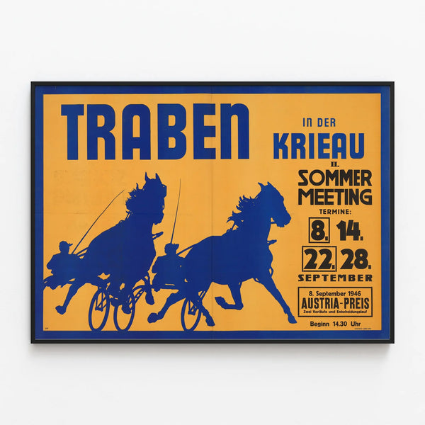 Vintage Poster of Harness Racing at Krieau 1946 — framed artwork on a wall