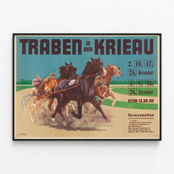 Vintage Poster of the Trotting Race at Krieau — framed artwork on a wall