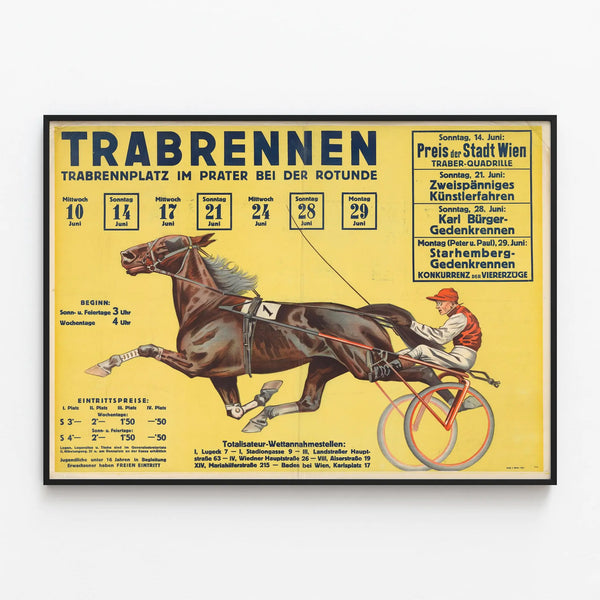 Vintage Poster of the Trotting Race at the Prater in Vienna — framed artwork on a wall