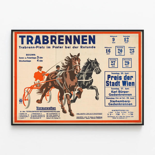 Vintage Poster of the Vienna Prater Trot Race — framed artwork on a wall