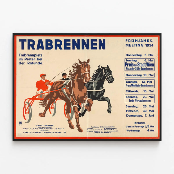 Vintage poster of a trotting race at Prater 1934 — framed artwork on a wall
