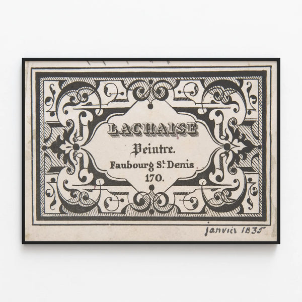 Vintage poster of artist Lachaise's calling card — framed artwork on a wall
