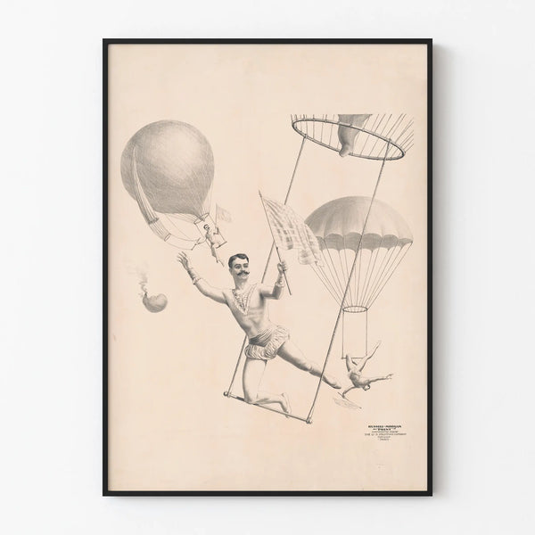 Vintage poster of trapeze acrobats and balloons