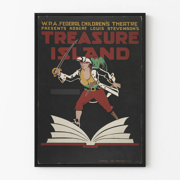 Vintage Poster Treasure Island - Pirate Wall Decoration and Open Book