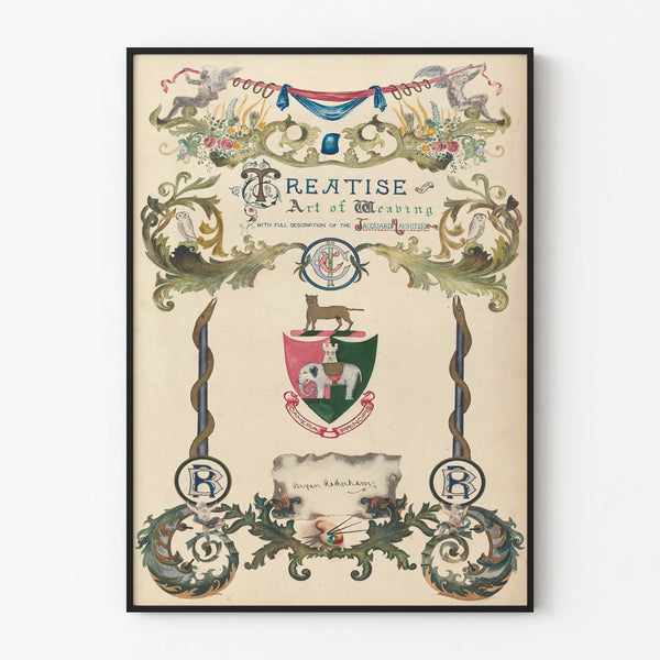 Vintage decorative poster - Treatise on the art of weaving with floral and heraldic ornamentation