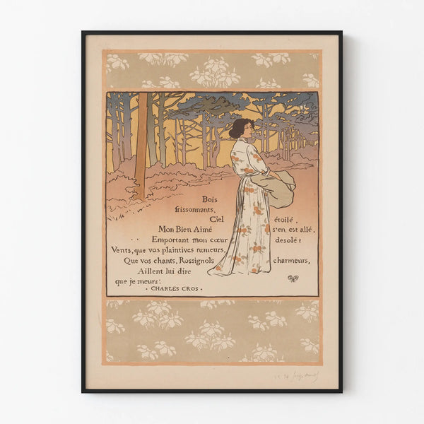 Art Nouveau Poster of a Woman in the Forest with a Poem by Charles Cros
