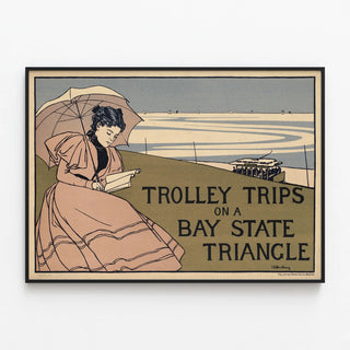 Vintage Poster Trolley Trips on a Bay State Triangle — framed artwork on a wall