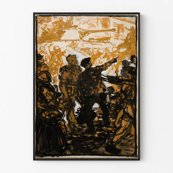 Artistic poster of soldiers and tanks in a lively street