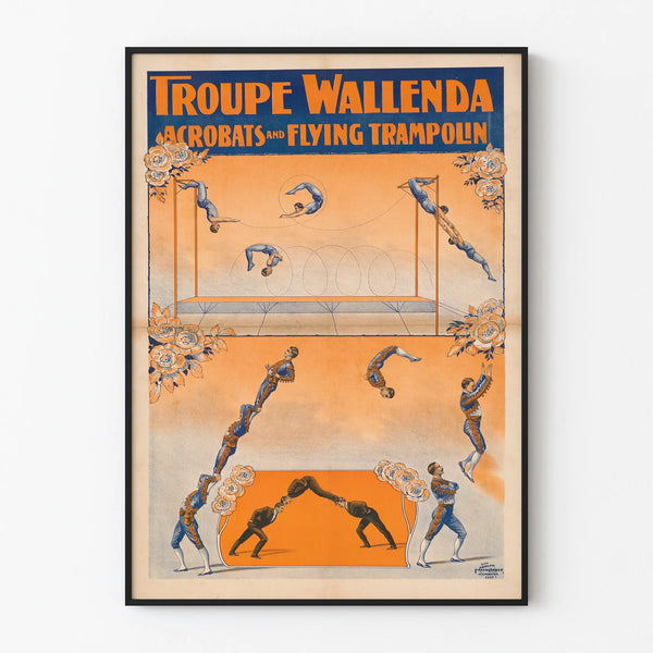 Vintage poster of Wallenda troupe acrobats and flying trampoline