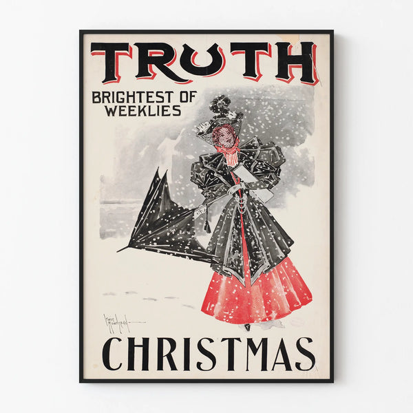 Vintage poster wall decoration of a woman in a black coat and red skirt under the snow