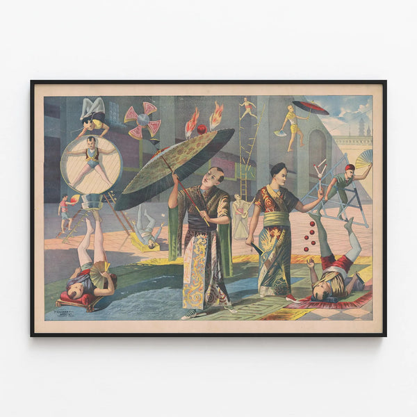 Vintage poster of Asian acrobats in full performance — framed artwork on a wall