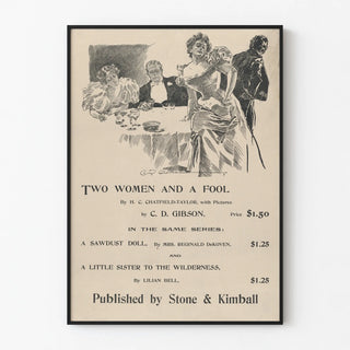 Vintage poster of Two Women and a Fool with black and white illustration