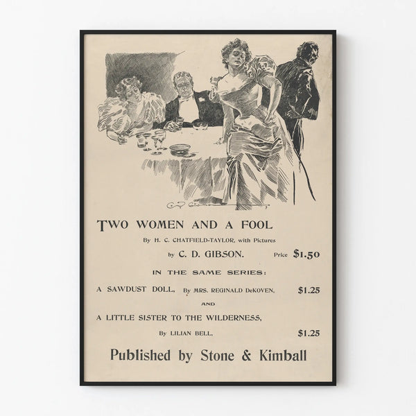 Vintage poster of Two Women and a Fool with black and white illustration