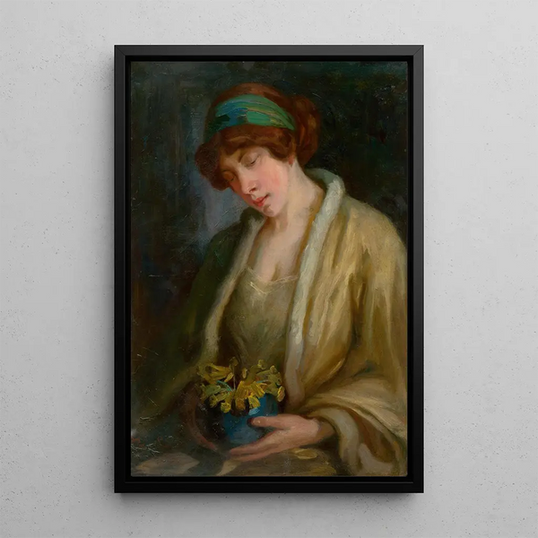 Woman with Flowers - Ludovit Pitthordt — framed artwork on a wall